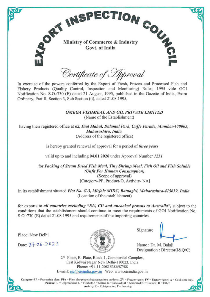 omega fishmeal and oil Certificate of Approval by EIC