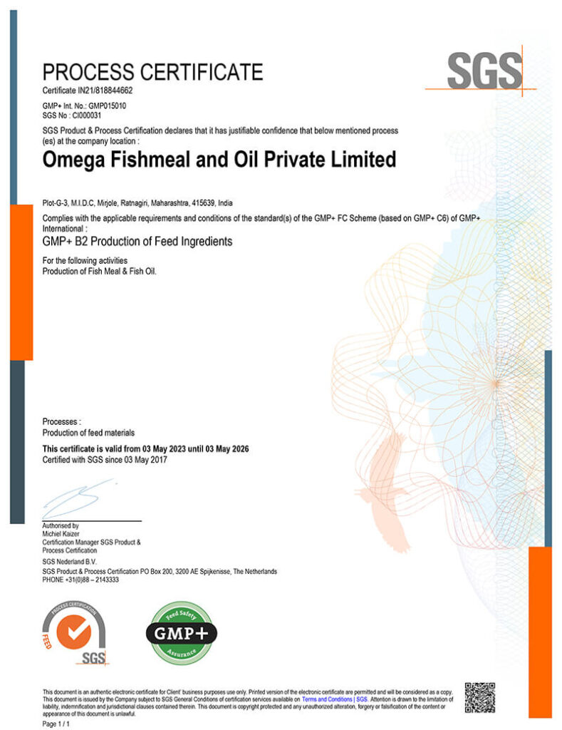 omega fishmeal and oil certificate GMP +B2