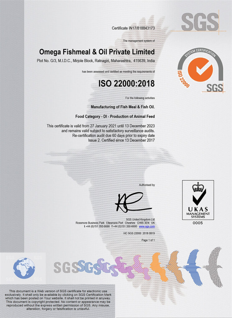 omega fishmeal and oil Certificate ISO 22000