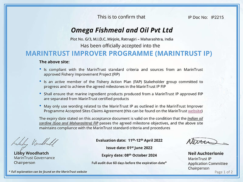 omega fishmeal and oil Certificate
