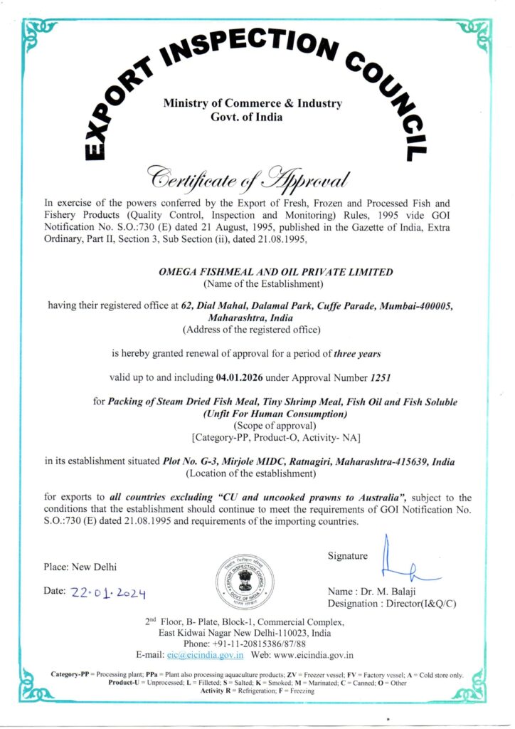 omega fishmeal and oil Certificate of Approval by EIC 2024