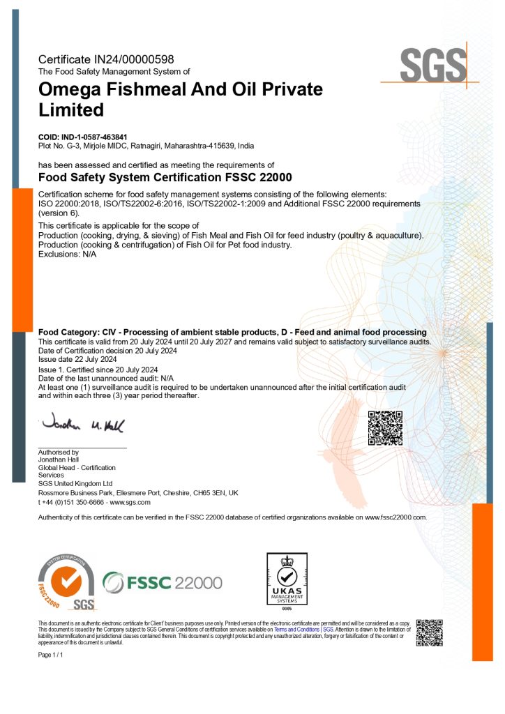 omega fishmeal and oil Certificate FSSC-22000